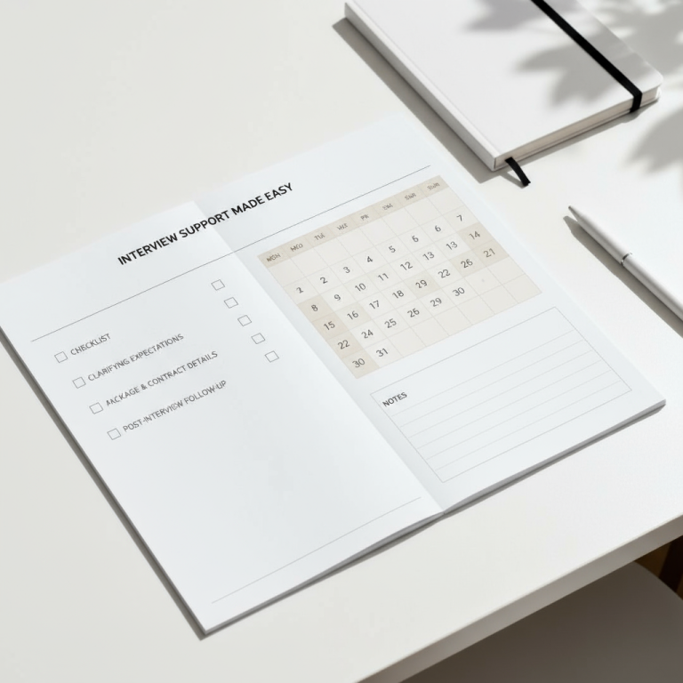 Interview Support A planner open to a monthly calendar layout, with a pen nearby.