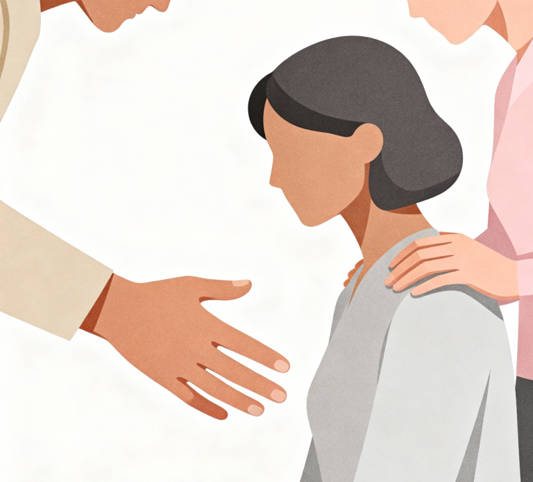 From Overwhelmed to empowered A supportive scene with two figures comforting a third person who appears distressed.