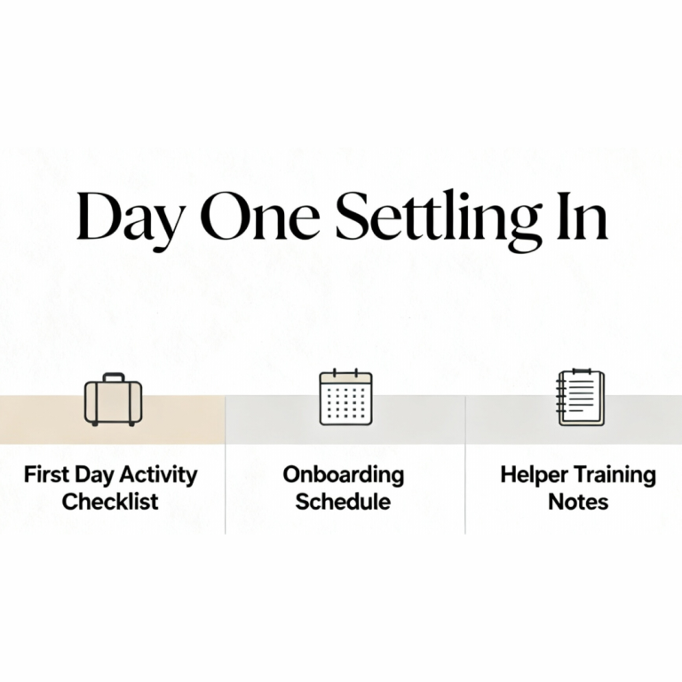 Day One Settling In Text listing "Day One Settling In" with icons for a checklist, schedule, and notes.